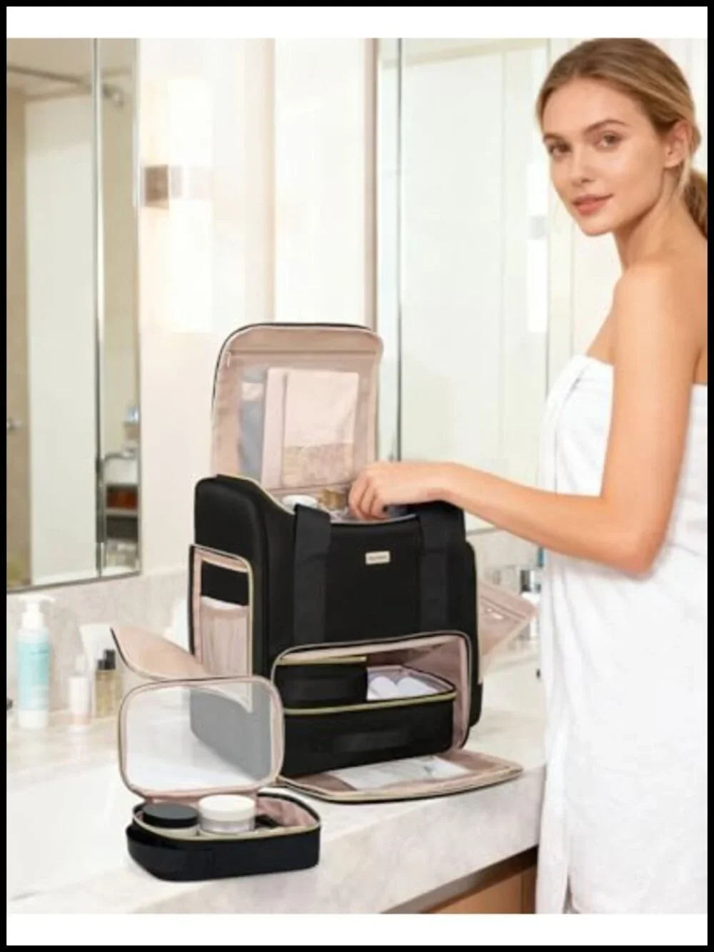 Large Travel Makeup Bag with 2 Removable Cases, Double-Layer Cosmetic